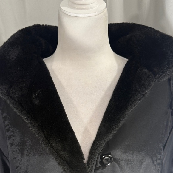 Fitz Wright Vintage Black Hooded Coat Faux Fur Trim L - Picture 4 of 14